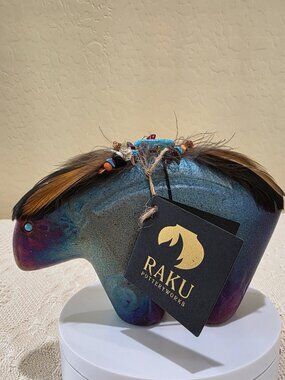 Jeremy Diller Raku Pottery Spirit Bear Fetish Figurine Turquoise Eye Feathers B1